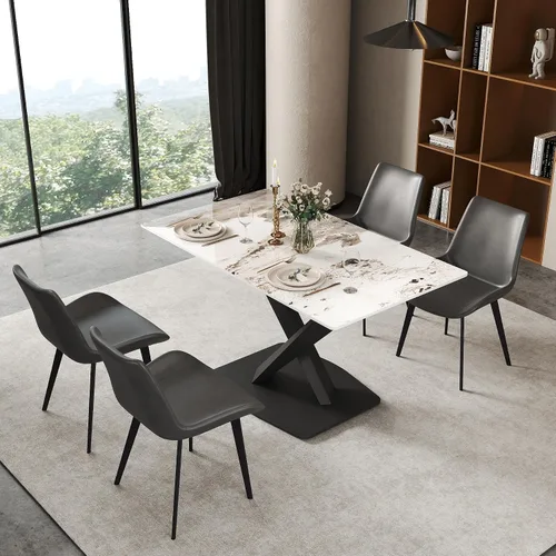 Miniatura 16 de Mesa de comedor moderna, mesa de comedor de piedra sinterizada blanca antigua con base de acero al carbono sólido en forma de X, mesa de comedor