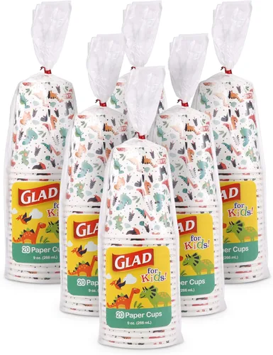 Miniatura 8 de Tazas de papel de dinosaurio para niños de Glad 20 tazas de papel blanco con diseño de dinosaurio para niños Tazas de papel desechables