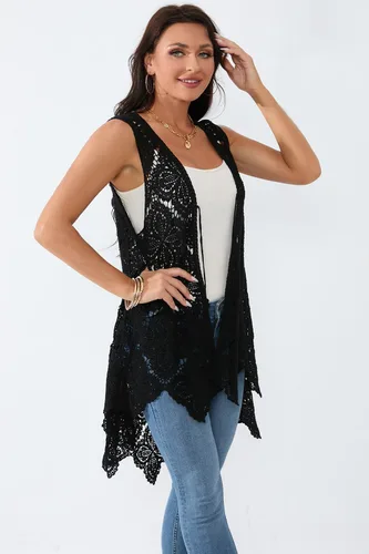 Miniatura 4 de Chaleco de encaje de ganchillo para mujer, estilo bohemio, sin mangas, kimono con dobladillo irregular