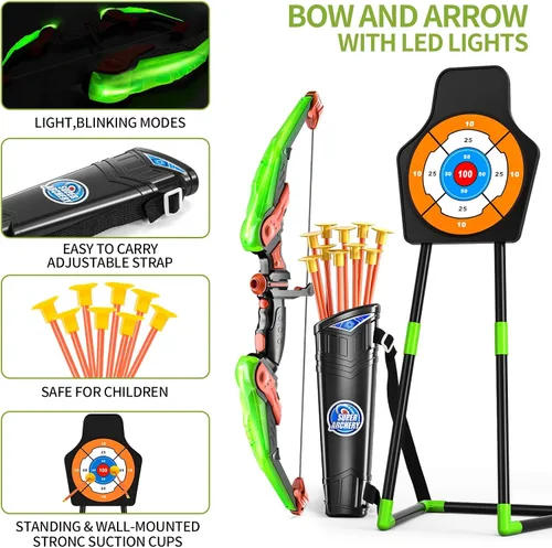 Miniatura 2 de TEMI Juego de arco y flecha para niños con luces LED, juego de tiro con arco con 10 flechas de ventosa, carcaj y objetivo de pie, juguetes al aire