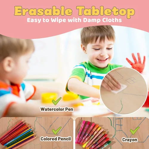 Miniatura 4 de FUNLIO - Juego de mesa y 2 sillas para niños, juego de mesa y silla ajustables en altura para niños de 3 a 8 años, mesa fácil de limpiar para Rosa