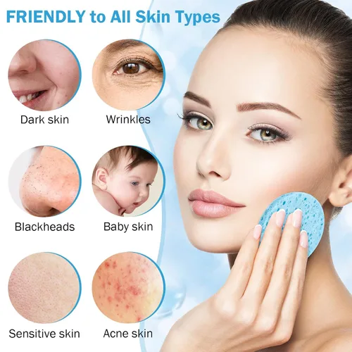 Miniatura 3 de Amyhill 300 esponjas faciales comprimidas, esponjas faciales naturales para limpieza, almohadillas exfoliantes faciales desechables para Azul