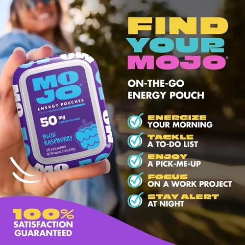 Miniatura 6 de Bolsas de energía MOJO sabor frambuesa azul, 50 mg de cafeína por bolsita, 15 bolsitas, paquete individual