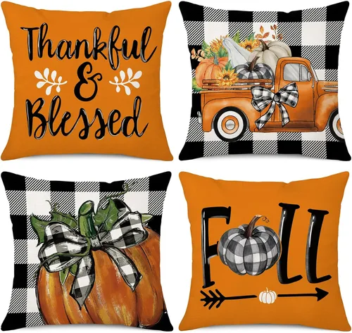 Miniatura 9 de Fundas de Almohada Decorativas de Otoño 18x18 Pulgadas Juego de 4 para Decoración de Otoño Calabaza Gris Camión Feliz Cosecha Granja Decorativas