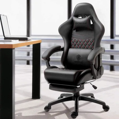 Miniatura 2 de Dowinx Silla de juegos grande y alta, silla de juego ergonómica para adultos con reposapiés y soporte lumbar de masaje, respaldo alto, silla de Negro
