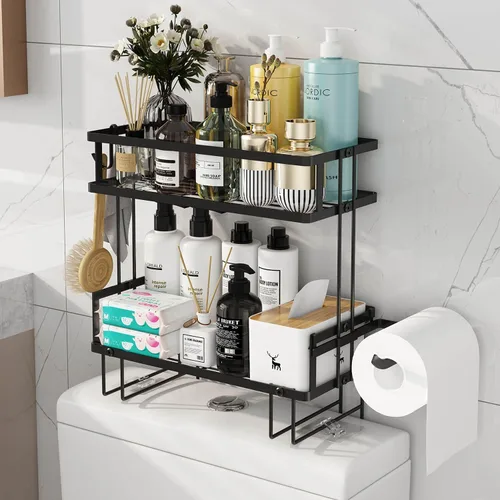 Miniatura 10 de Godboat Organizador de baño, almacenamiento sobre el inodoro, estantes flotantes con 2 ganchos, estante montado en la pared, detrás y encima