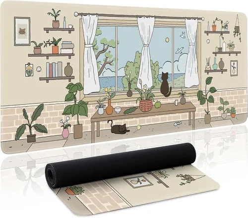 Miniatura 13 de Alfombrilla de ratón linda con gato grande, alfombrilla de escritorio verde extendida, alfombrilla de teclado con base antideslizante y bordes Gato