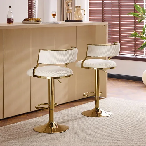 Karl home Juego de 2 taburetes de bar, taburetes de bar giratorios, tela de pana blanca ajustable en altura, taburete moderno sin brazos con