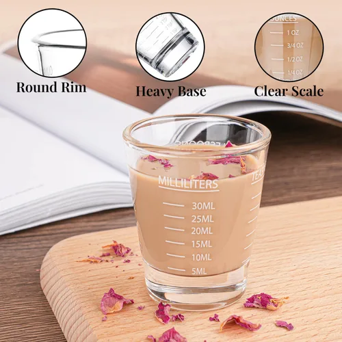 Miniatura 3 de BCnmviku -Vasos corto, taza medidora, taza de espresso, Líquido, vidrio pesado, vaso de vino 2 juegos de 26, para medición gradual 1 onza, 6 Blanco
