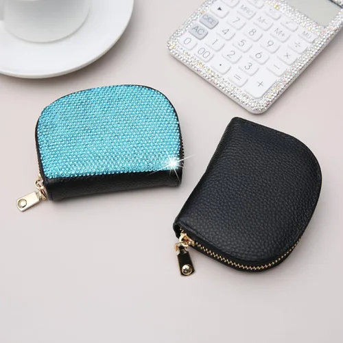 Miniatura 21 de AsAlways RFID Rhinestone titular de la tarjeta de crédito semicírculo multicapa cremallera caso Bling Crystal Slim pequeña cartera para mujeres