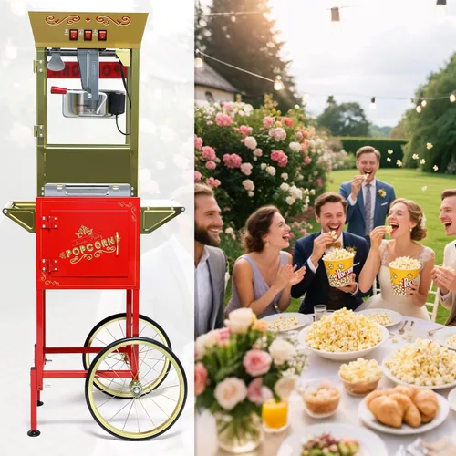 Miniatura 2 de Máquina de palomitas de maíz con carrito y ruedas, máquina de palomitas de maíz con hervidor de acero inoxidable de 14 onzas, para el hogar, Rojo