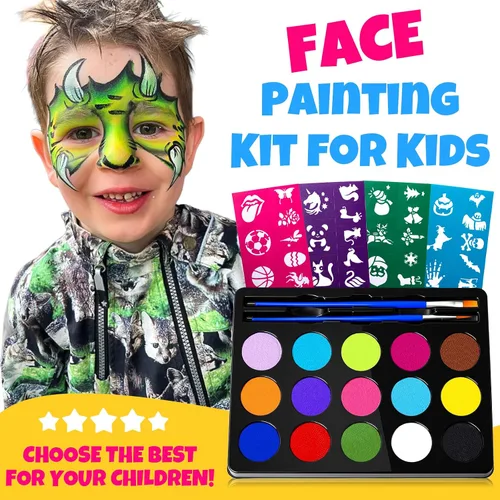 Miniatura 5 de Kit de pintura facial Drawdart para niños - 15 colores de pintura facial no tóxica a base de agua con plantillas y brochas - Kit de maquillaje