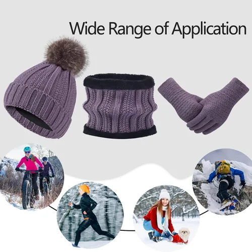 Miniatura 7 de Conjunto de bufanda de invierno para mujer, gorro de forro polar, bufandas para pantalla táctil, 3 en 1