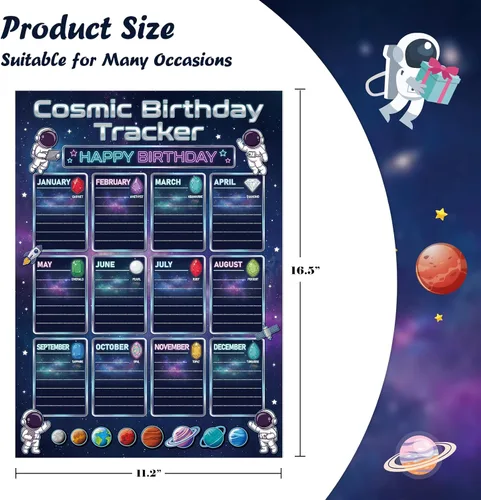 Miniatura 2 de WhatSign Calendario de cumpleaños para el aula, póster de tabla de cumpleaños de 12 x 16 pulgadas con piedras de nacimiento, sistema solar