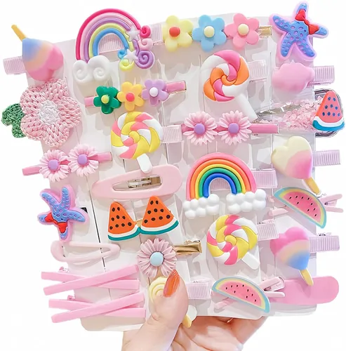 28 piezas de lindas pinzas para el cabello, accesorios para el cabello de moda para niñas, set de pasadores con flores, frutas, arcoíris, caramelos,
