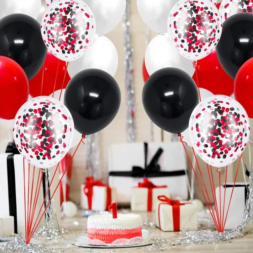 Miniatura 4 de Globos de látex de confeti negro y rojo, paquete de 60 globos de fiesta de confeti negro y rojo de 12 pulgadas para el día de la madre, cumpleaños