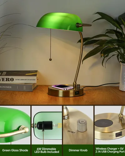 Miniatura 5 de Lámpara de Escritorio de Banquero de Cristal Verde con Cargador Inalámbrico, Puerto de Carga USB para Oficina en Casa, Lámpara de Mesa Regulable sin