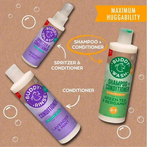 Miniatura 7 de Buddy Grooming Wash Champú 2 en 1 para perros, té verde y bergamota, botella de 16 onzas