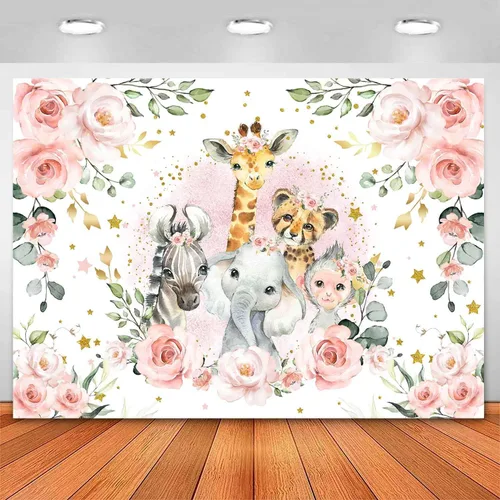 Sensfun Telón de fondo de fiesta de baby shower con texto en inglés "It's A Girl" ("It's A Girl"), diseño floral rosa, animales del zoológico,