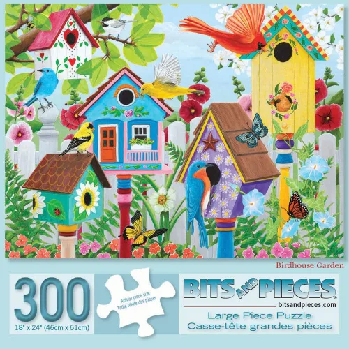 Bits and Pieces Rompecabezas grande de 300 piezas para adultos – 'Birdhouse Garden' por la artista Kathy Bambeck, tamaño del rompecabezas