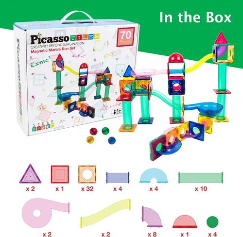 Miniatura 3 de PicassoTiles Paquete de 70 piezas de pista de carreras de canicas + 60 azulejos magnéticos, divertido y creativo, juguete sensorial educativo