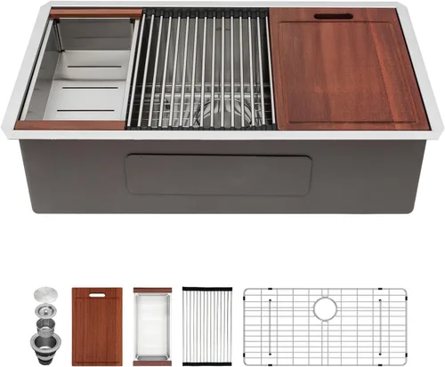 Sarlai Fregadero de cocina de 30 pulgadas de acero inoxidable – Fregadero de cocina de 30 pulgadas con repisa de montaje inferior, estación de