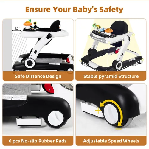 Miniatura 2 de Andador de bebé 5 en 1 con ruedas, andadores de bebé para niños y niñas de 6 a 18 meses, andador plegable ajustable con saltador, bandeja de Negro