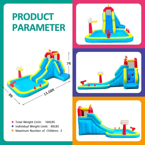 Miniatura 5 de Tobogán acuático inflable, Tobogán de agua inflable con pared de escalada, Tobogán de agua para niños en el patio trasero con aro de baloncesto