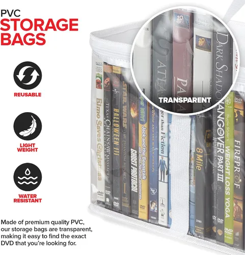 Miniatura 3 de Stock Your Home Bolsas de almacenamiento de DVD (Set de 4) Organizador de medios para DVDs, CDs, Discos Blu Ray, Estuches de películas, Cajas VHS