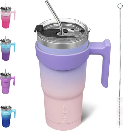 Miniatura 30 de BJPKPK Vaso con asa de acero inoxidable de 20 onzas, con aislamiento de doble pared, con tapa y pajita, color rosa claro A-rosa claro