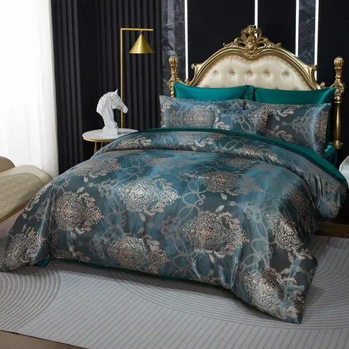 Miniatura 3 de Juego de edredón Queen de jacquard verde, juego de sábanas, elegante juego de ropa de cama de 8 piezas bordado, diseño floral neoclásico, decoración