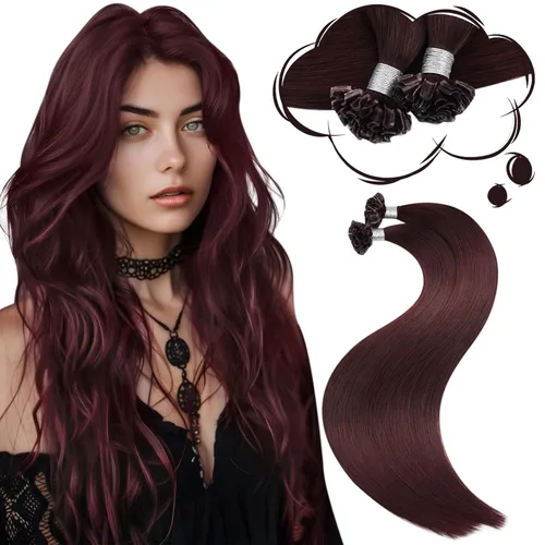 Moresoo Extensiones de cabello humano con punta K de color burdeos, extensiones de cabello humano con punta en U, color rojo oscuro, 22 pulgadas,