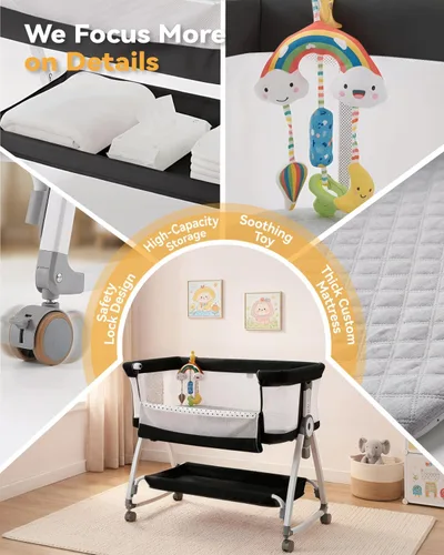 Miniatura 5 de Moisés 4 en 1 para Bebé Durmiente de Cabecera, Moisés de Cabecera con Ruedas, Moisés Ajustable de 6 Alturas con Colchón Suave, Mosquitero, Juguete