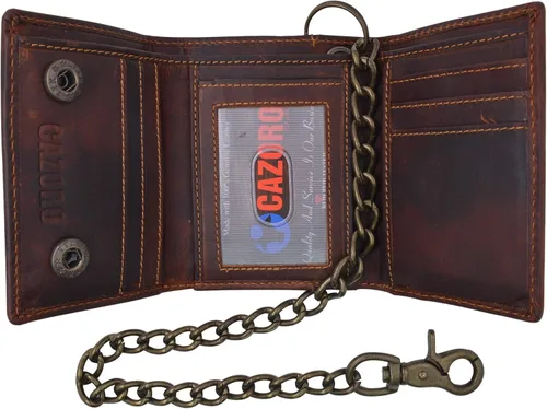 Cartera de cadena de motociclista de cuero vintage con bloqueo RFID para hombre con cierre a presión, Marrón, Vintage