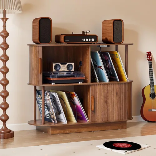 Miniatura 7 de Armario de almacenamiento para tocadiscos de vinilo de 40 pulgadas, mesa giratoria moderna de mediados de siglo con puerta corredera, estante