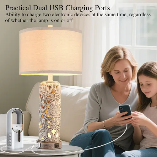 Miniatura 3 de Lámparas de mesa rústicas para sala de estar y dormitorio Lámpara de noche vintage con doble puerto USB, lámparas retro de resina blanca antigua
