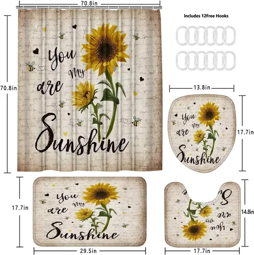 Miniatura 5 de AZHM Juego de 4 cortinas de ducha de girasol con alfombras You are My Sunshine, juego de cortinas de baño con 12 ganchos