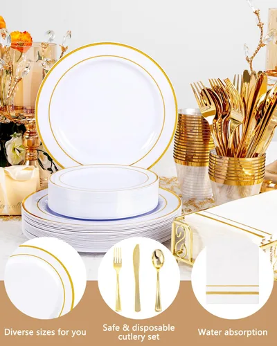 Miniatura 9 de GATHER 350 platos de plástico dorados. El juego de vajilla de plástico desechable blanco y dorado incluye 50 platos llanos, 50 platos de postre, 150
