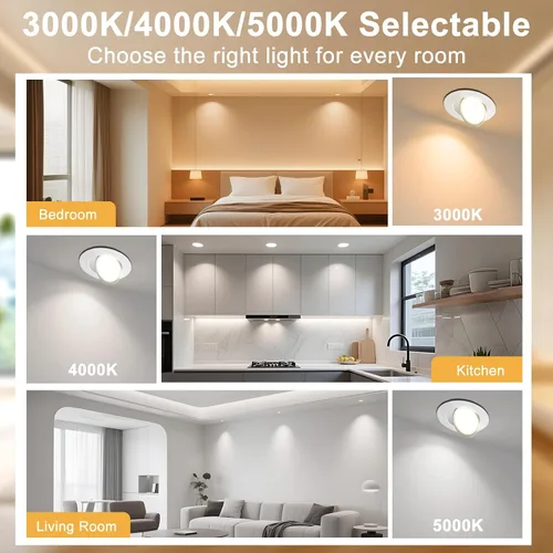 Miniatura 5 de Lightdot - Paquete de 6 luces LED empotrables con rótula de 6 pulgadas, ajustable 360°+90°, temperatura de color de 3CCT seleccionable y regulable