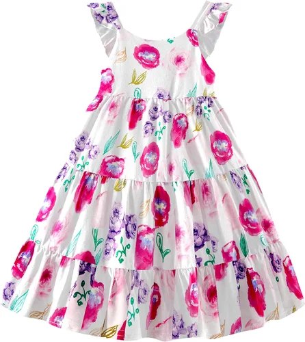 Vestido de verano sin mangas para niñas pequeñas, vestido casual floral para playa, vestido de princesa escalonado con mangas con volantes, 2-8T