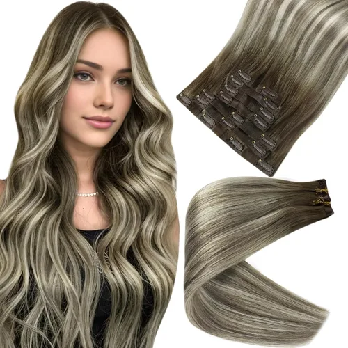 Miniatura 12 de Full Shine Extensiones de cabello humano con pinzas, cabello humano Remy invisible para mujer, color rubio platino, 20 pulgadas, 8 unidades, 4.23 oz