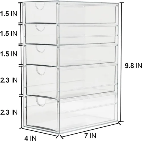 Miniatura 3 de Cajón de plástico con 5 cajones de diferentes tamaños, organizador de accesorios para el cabello gris claro transparente, organizador de baño