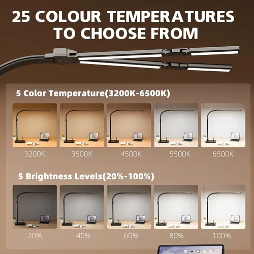 Miniatura 3 de Lámpara LED de escritorio para oficina en casa, luz de escritorio de doble cabezal brillante de 24 W con abrazadera para el cuidado de los ojos, luz