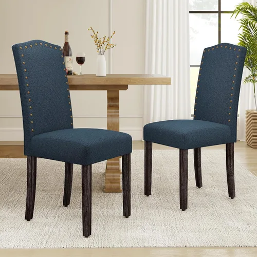Miniatura 21 de LSSPAID Juego de 4 sillas de comedor, modernas y cómodas sillas Parsons tapizadas de lino con ribete de cabeza de clavo de bronce y patas de madera