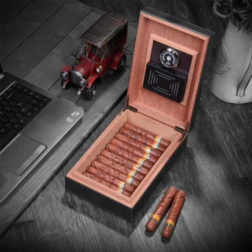 Miniatura 7 de Humidor de puros, superficie de cuero hecho a mano, con revestimiento de madera de cedro español sólido real, caja de escritorio con higrómetro