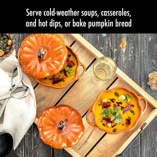 Miniatura 3 de STAUB Calabaza Pequeña de Cerámica de 0.75 cuartos, Segura para Horno y Estufa hasta 572°F, Plato de Calabaza, Horneado Color Naranja Caramelo