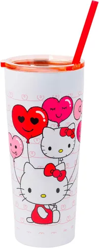 Silver Buffalo Hello Kitty Globos de Corazón Vaso Térmico de Acero Inoxidable de Doble Pared con Pajilla, 22 Onzas Globos de corazón de Hello Kitty