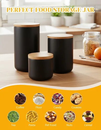 Miniatura 3 de YYW Recipientes de cerámica para almacenamiento de alimentos, recipientes de cocina con tapa hermética para granos de café, azúcar y especias Negro