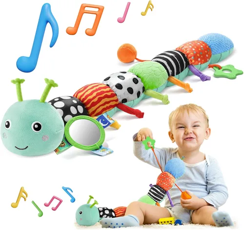 HEMRLY Juguete sensorial para bebé de 0 a 6 meses, peluche musical de oruga con mordedor, arrugado, sonajero, espejo de bebé para el tiempo boca