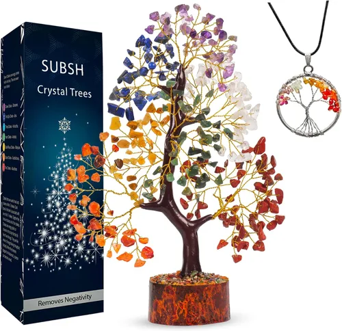 Miniatura 15 de Árbol de la vida de cristal amatista de 10-12 pulgadas con 2 colgantes de chakra – Bonsái de cristal sanador, árbol del dinero para energía
